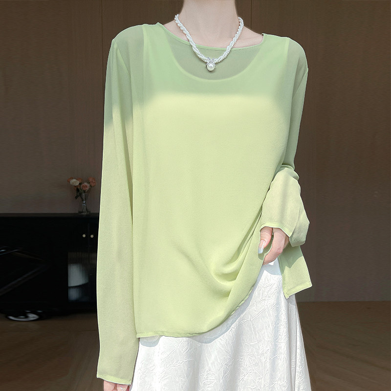 轻盈微透气质长袖T恤女夏季宽松休闲圆领乔其纱罩衫防晒衣配裙子
