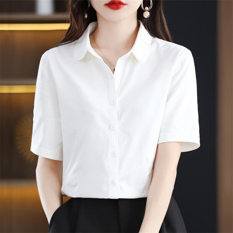 25夏季新款桑蚕丝光棉Polo领衬衫女短袖t恤新款半袖纯棉衬衣上衣