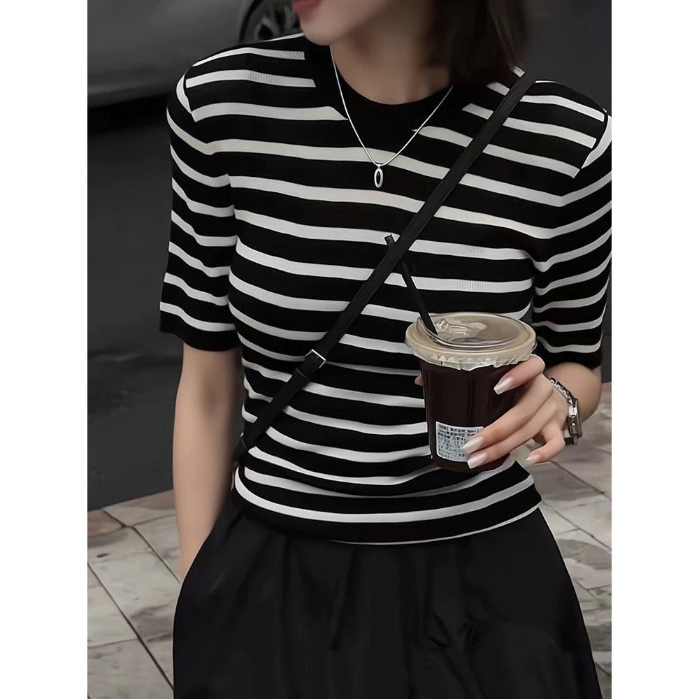 经典复古条纹天丝短袖