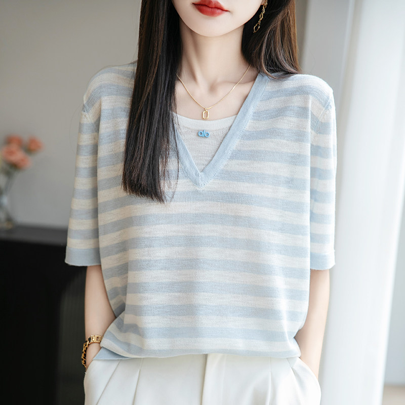 竹节麻条纹拼色假两件