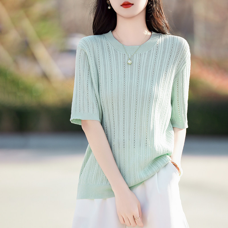 2025春夏新款精纺羊毛女士圆领麦穗花纹T恤套头显瘦时尚针织短袖
