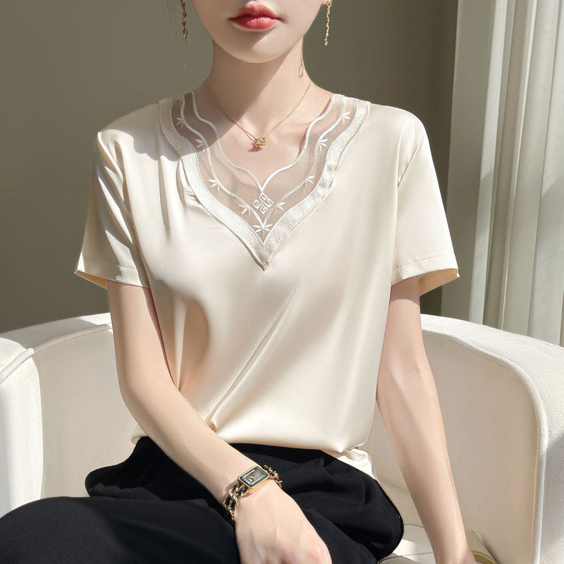 优雅气质V领短袖衬衫女夏季新款韩版宽松显瘦百搭上衣时尚女装
