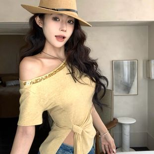 显瘦上衣ins 2025夏季 新款 亮片不规则系带短袖 T恤女设计感独特修身