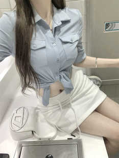 别致衬衣 设计感小众收腰绑带不规则女上衣甜辣妹短款 纯欲衬衫 夏季