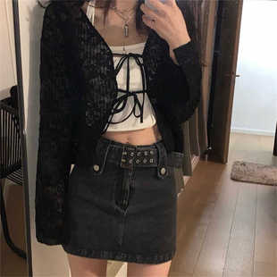 黑色开衫 女薄款 小众镂空防晒上衣外搭配吊带短款 披肩针织衫