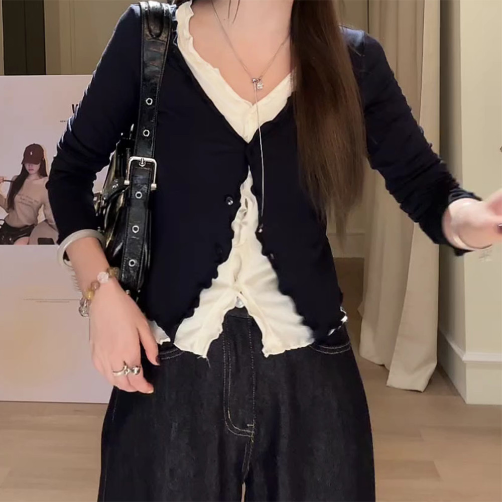咖色V领打底T恤女初秋超好看