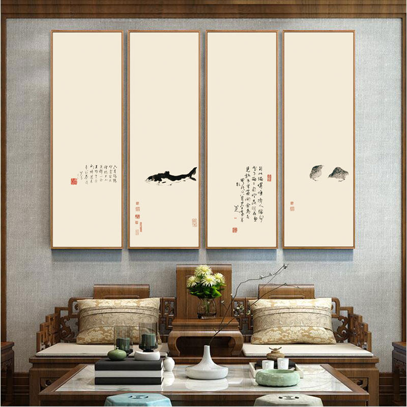 八大山人茶室禅意装饰画新中式客厅背景书房壁画水墨餐厅四联挂画_虎窝淘