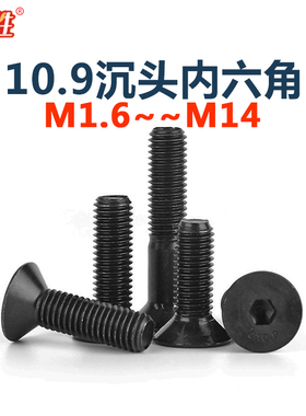 10.9级黑色沉头内六角螺丝钉m1.6/2.5/3/4-12平头六方螺栓DIN7991