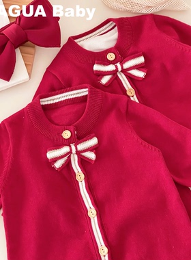 呱呱baby婴儿拜年服秋冬针织棉红色宝宝连体衣满月百天婴幼儿哈衣