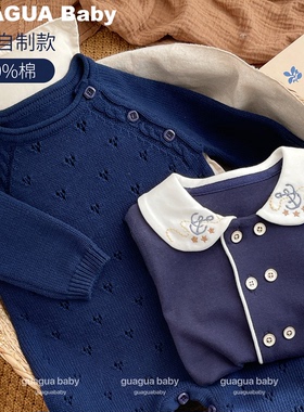 呱呱新生婴儿深蓝色过年针织连体衣秋冬男童宝宝毛衣外出爬爬服