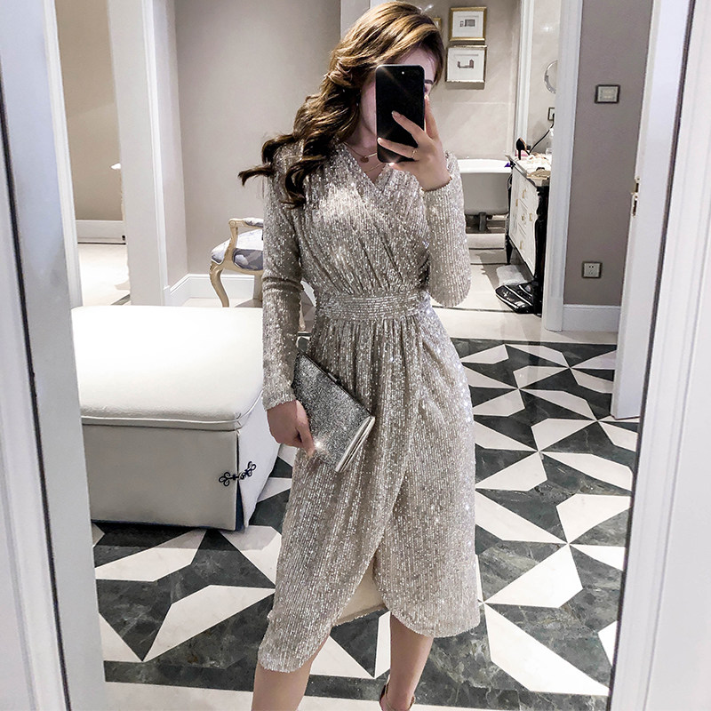 亮片闪闪blingbling连衣裙2020夏季中长款过膝收腰显瘦性感长裙