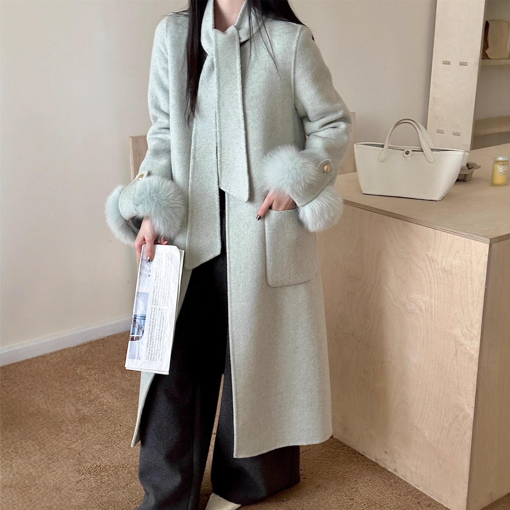 真狐狸毛毛袖口千金风双面羊毛大衣 长款单排扣加厚名媛毛呢外套