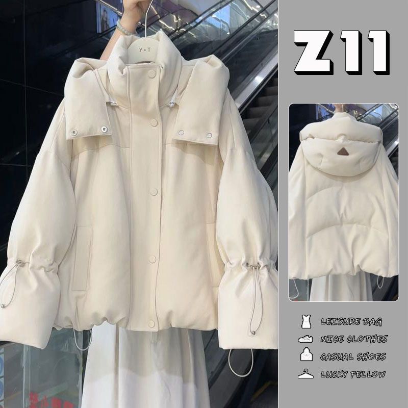 超好看高级感宽松校园风米白色棉服女秋冬季纯色常规款面包服