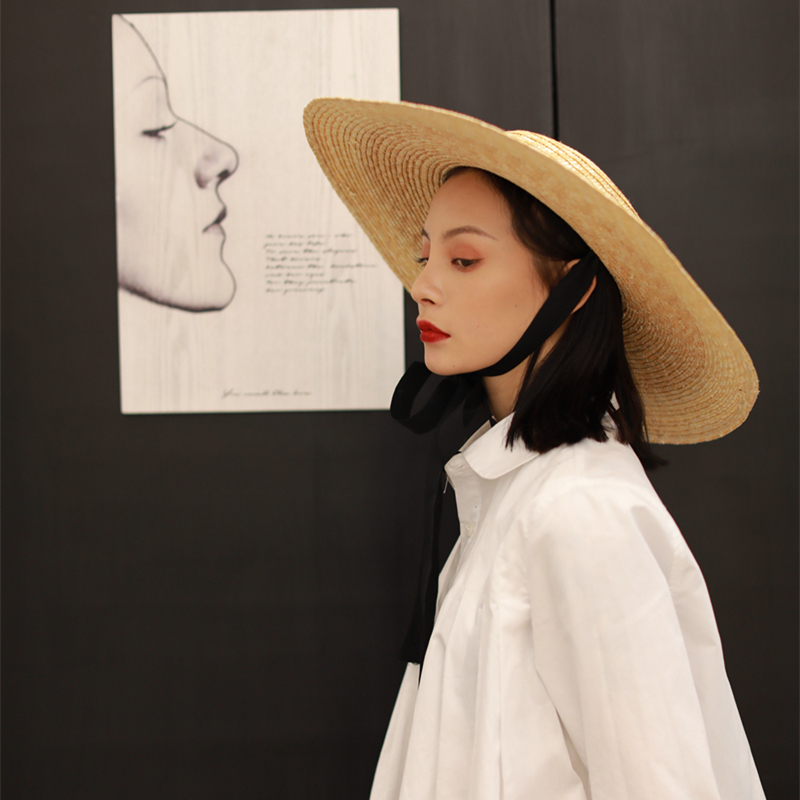 欧美经典款超大檐麦秆丝带草帽