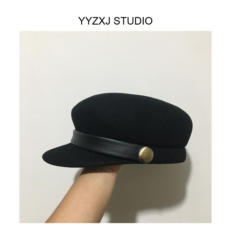 博主同款时尚百搭显脸小短檐平顶定型羊毛礼帽女秋冬季皮带马术帽