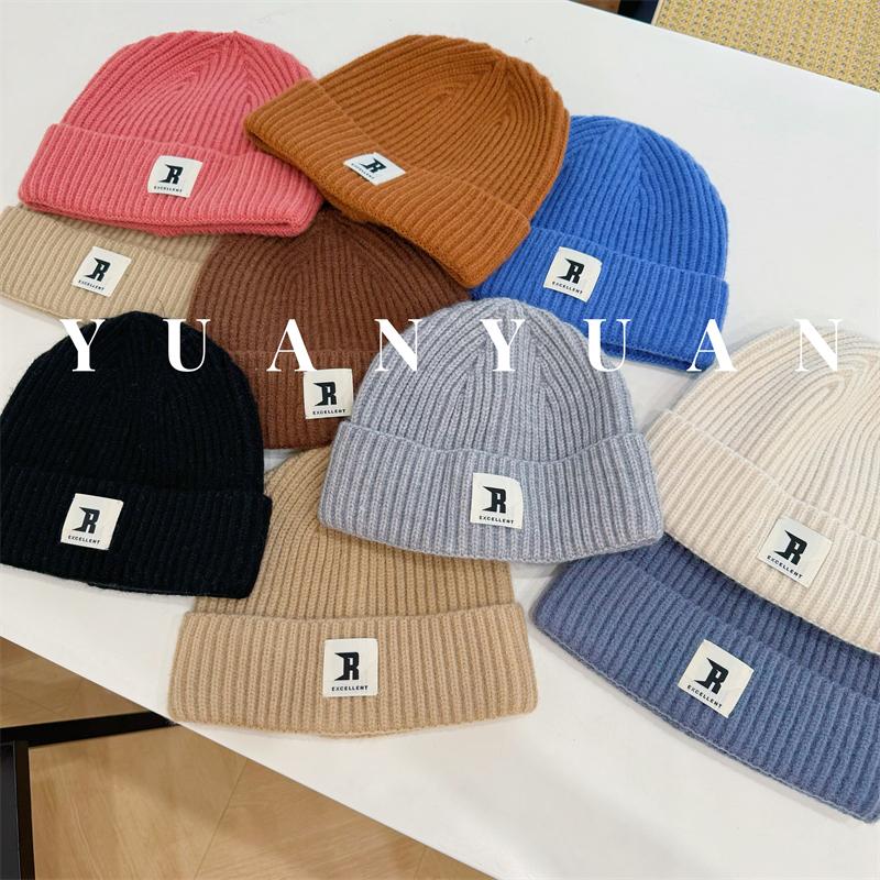 字母R标防寒秋冬季男士套头帽大头围保暖女加厚针织帽冷帽女冬