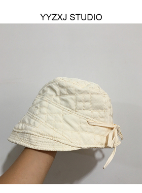 菱格绗缝渔夫帽女秋冬保暖蝴蝶结卷边百搭显脸小盆帽