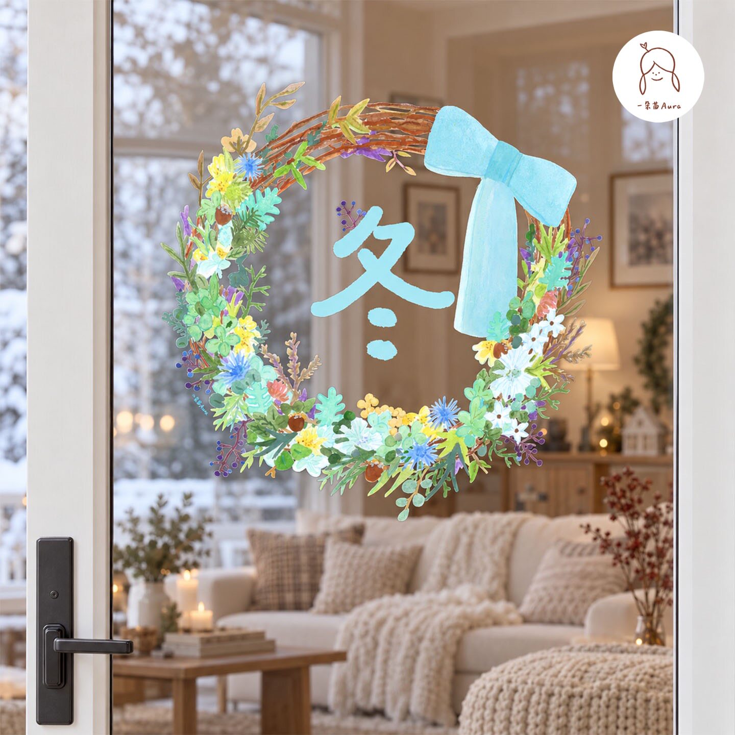 一朵苗原创 秋季冬季布置玻璃贴静电贴加大插画装饰窗户花环贴纸