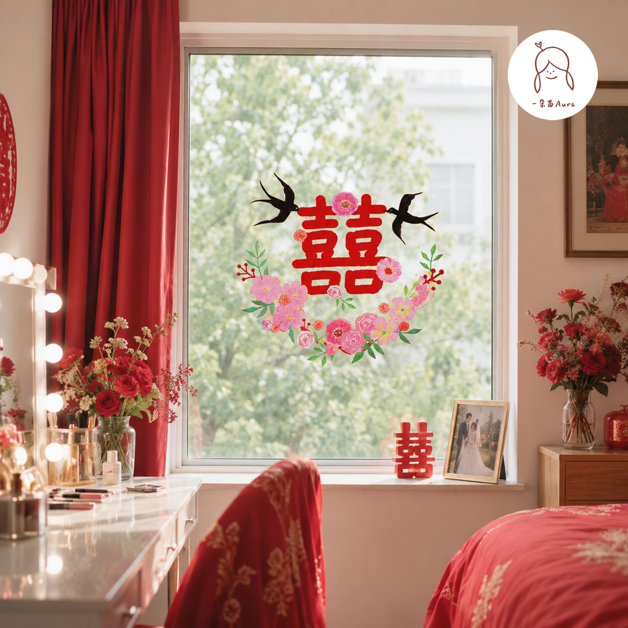 原创超大款燕子喜字窗贴婚房布置氛围布置新婚玻璃窗花结婚静电贴