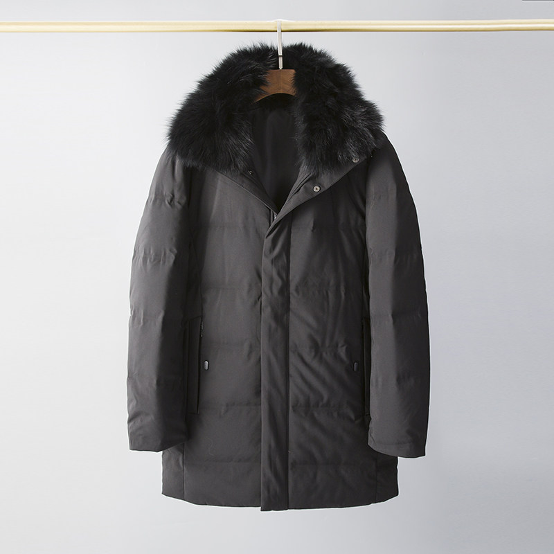 大狐狸毛领！中老年爸爸装翻领中长款羽绒服纯色保暖羽绒外套男黑