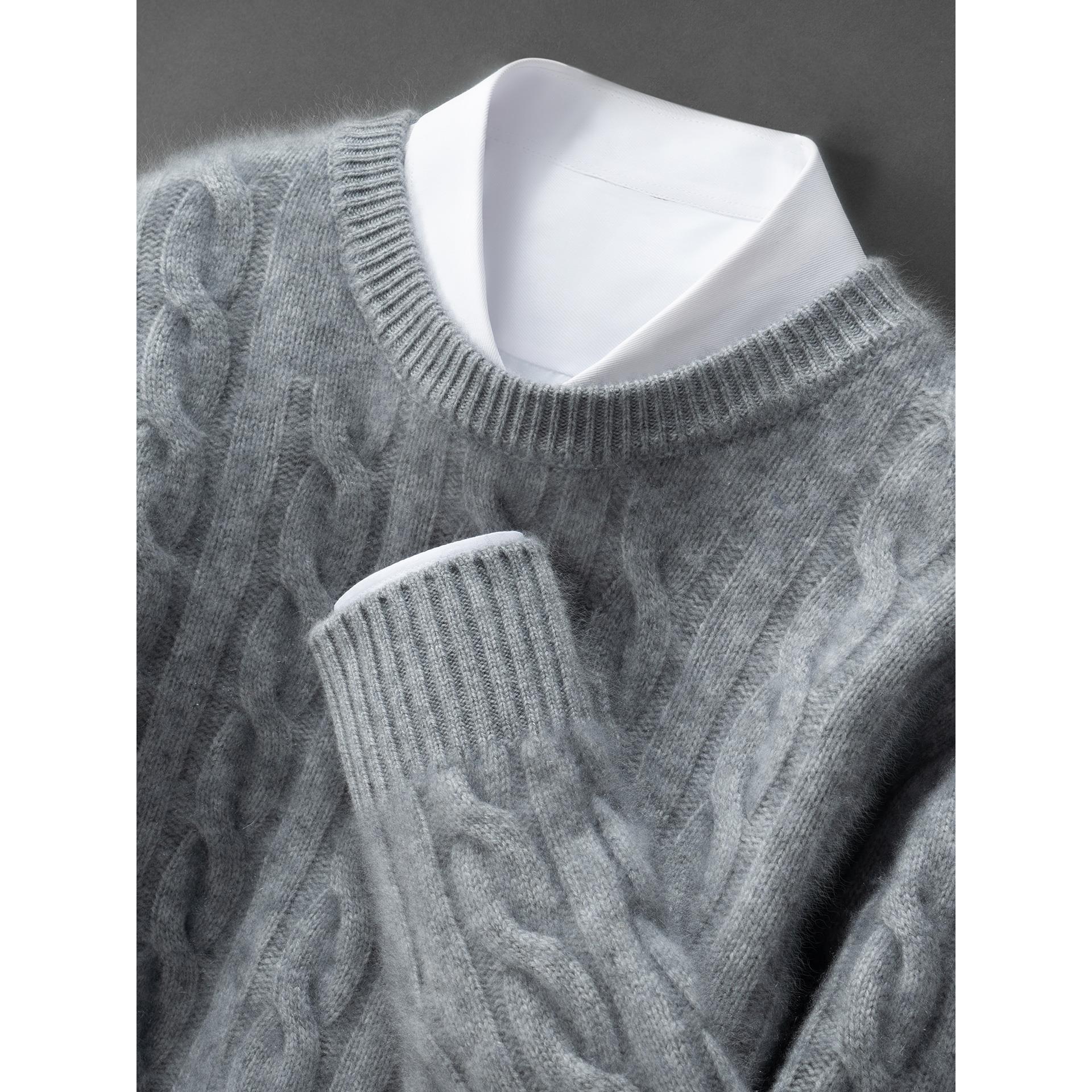 秋冬新款纯山羊绒圆领套头衫男士重磅麻花加厚针织保暖时尚打底衫