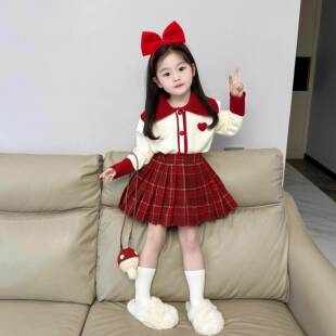 半身裙女童春秋冬季2025儿童圣诞红色格子短裙中大童毛呢百褶裙子