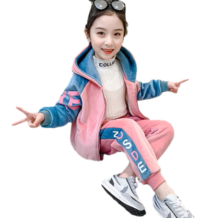 女童冬装金丝绒套装2023新款网红儿童洋气加绒加厚小孩运动两件套