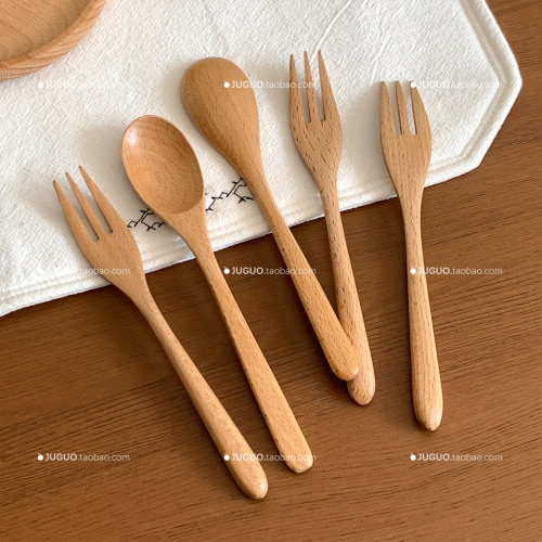 ins榉木汤勺搅拌勺家用餐用西餐叉子蛋糕甜品勺精致餐具水果叉子