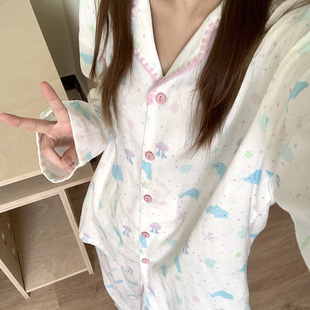 侘町2025年春秋季新款星星水母纯棉长袖居家睡衣女卡通家居服套装