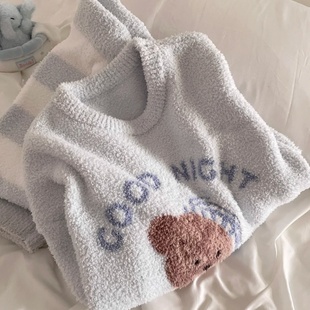 侘町睡帽晚安小熊2025家居服新款 半边绒睡衣女加厚可外穿秋冬套装