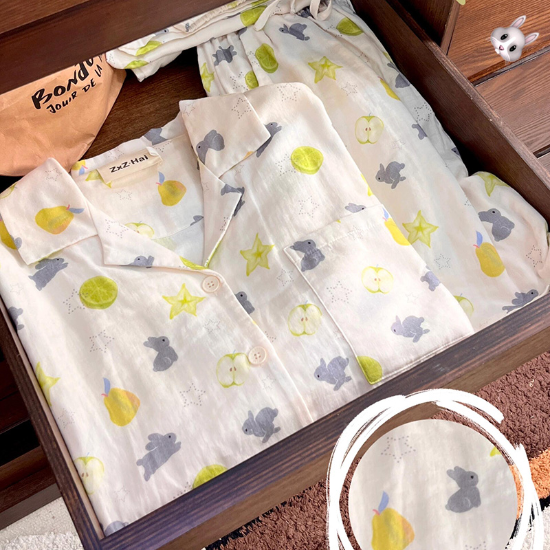 侘町2025年新款杨桃小灰兔纯棉短袖短裤女睡衣夏季卡通家居服套装