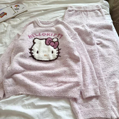 侘町2025新款粉色大头Kitty半边绒睡衣套装保暖加绒秋冬季家居服