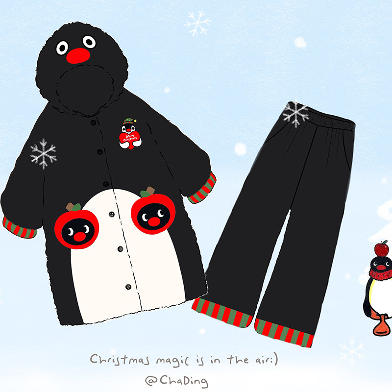 侘町2025年新款圣诞pingu睡袍女北美绒秋冬款加绒加厚睡衣家居服