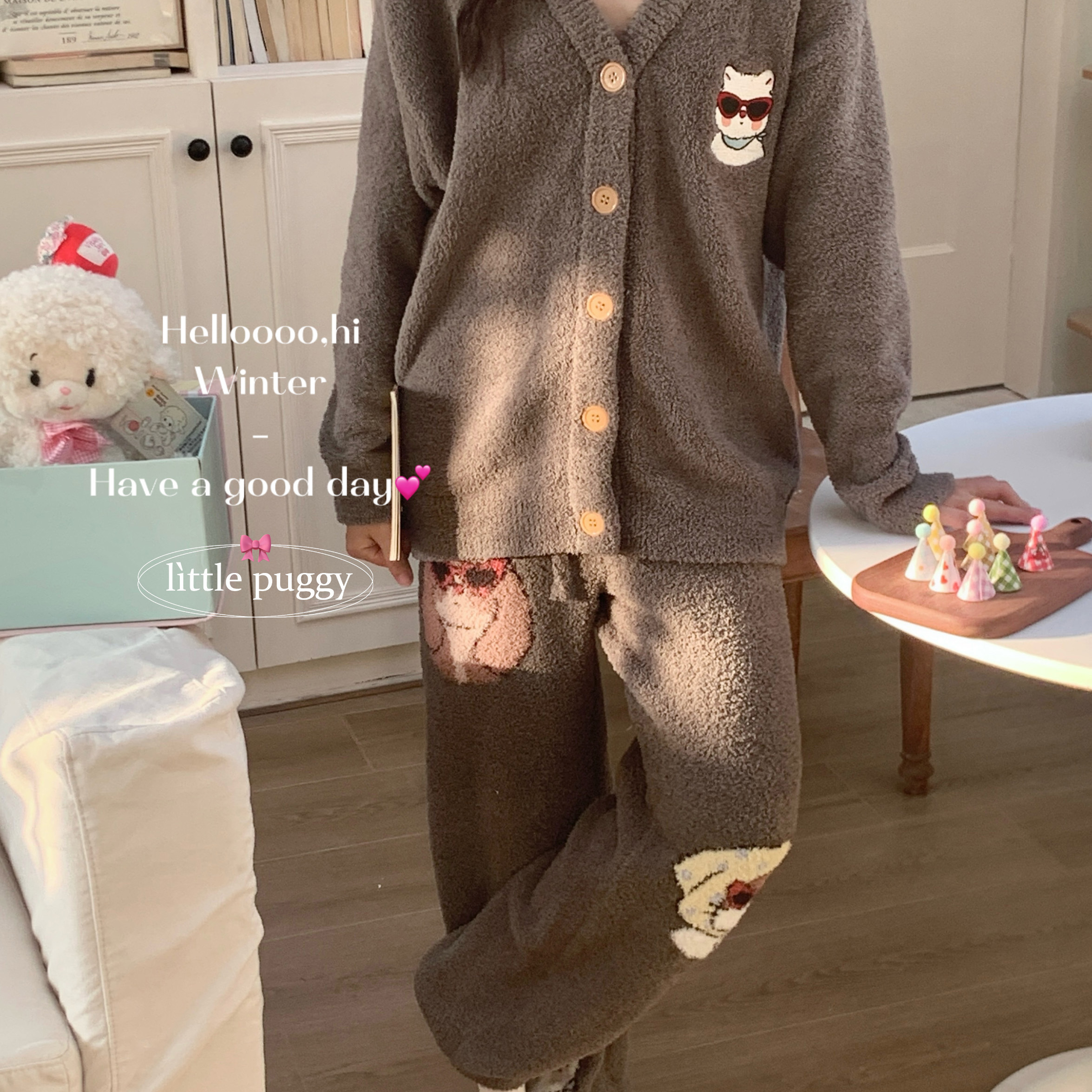 侘町2025家居服新款墨镜小猫开衫秋冬软绵绵睡衣女半边绒加厚保暖