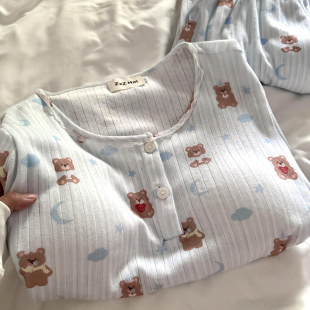 套装 针织提花棉带秋季 家居服 晚安小熊胸垫睡衣女长袖 侘町2025新款