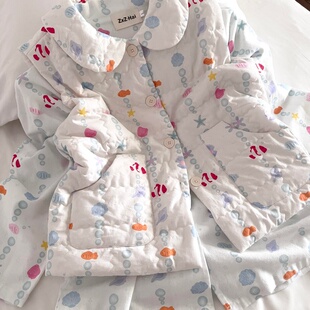 侘町泡泡小鱼睡衣女2025新款空气夹棉背心卡通冬季加厚马甲可外穿