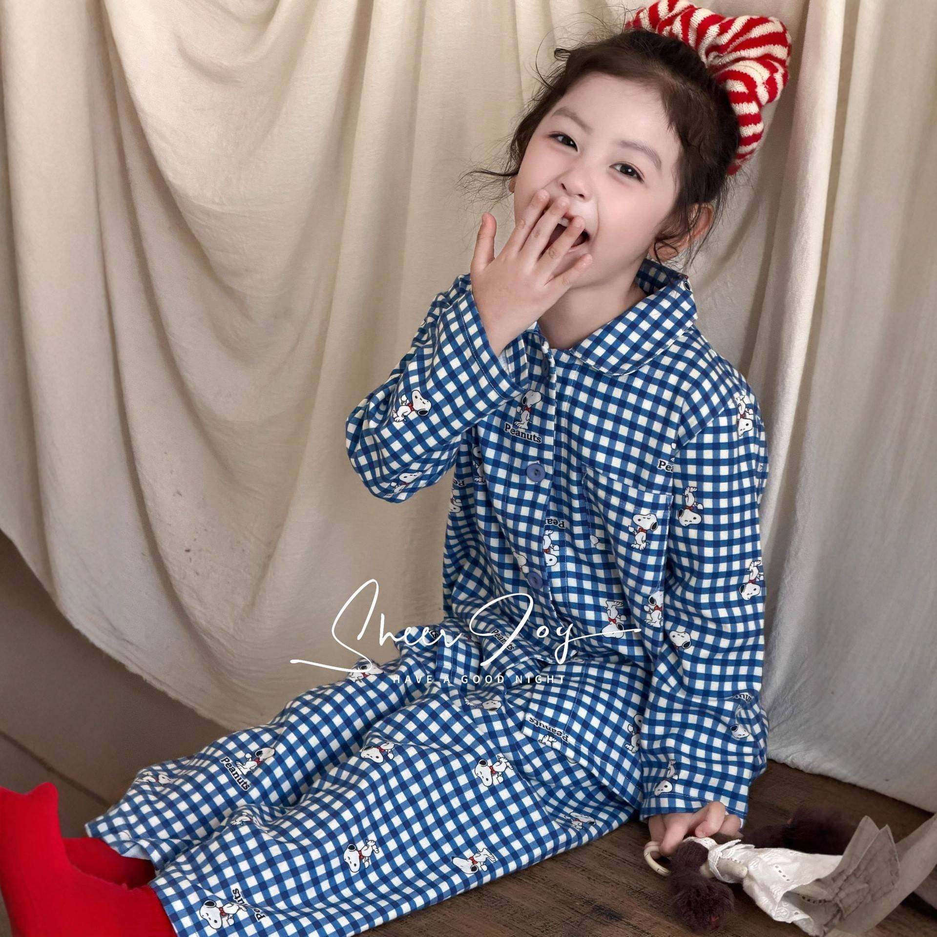 侘町2025秋季纯棉磨毛亲子款长袖儿童家居服套装蓝格史努比-女童