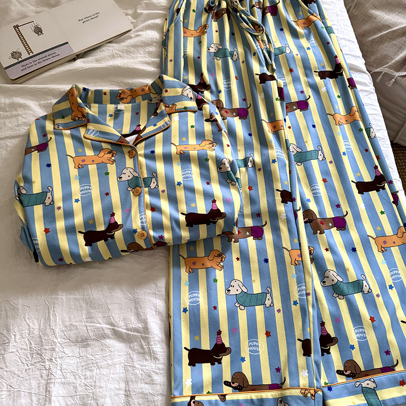 侘町条纹腊肠狗2025新款德绒睡衣女款长袖可外穿加厚秋冬季家居服