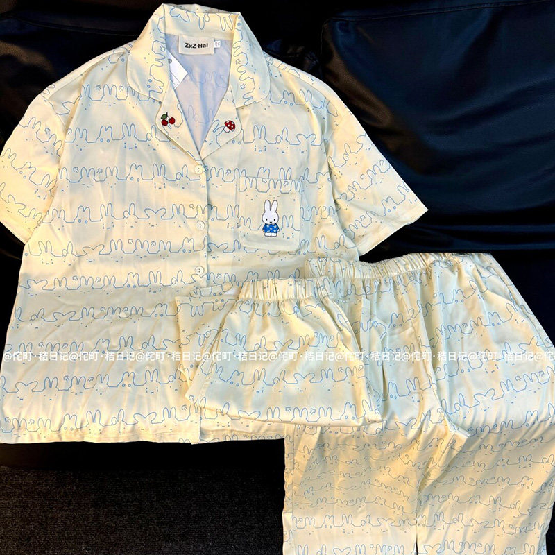 侘町2025年新款淡蓝色米菲表情冰丝短袖三件套睡衣夏天卡通家居服