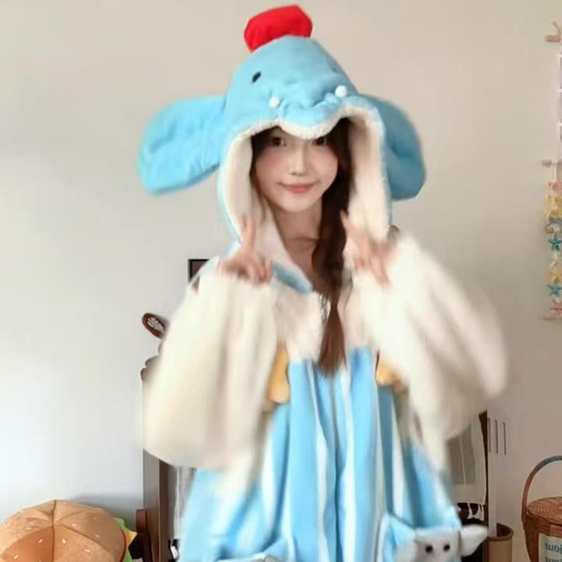 侘町2025新款法兰绒笨笨大象连体背带秋冬季睡衣女加绒加厚家居服