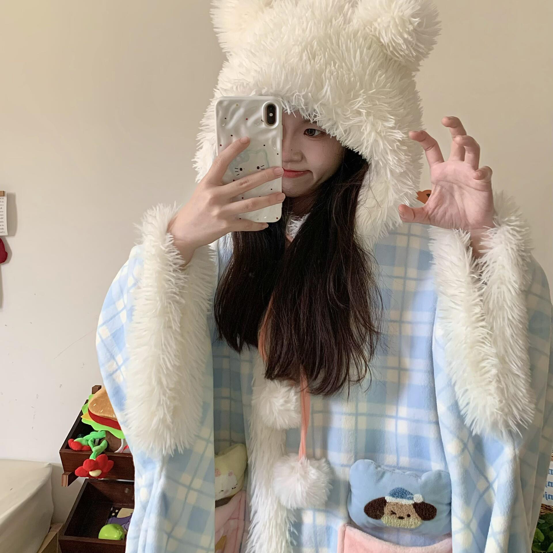 侘町2025睡衣新款蓝格星星被斗篷睡袍法兰绒秋冬卡通女加绒家居服