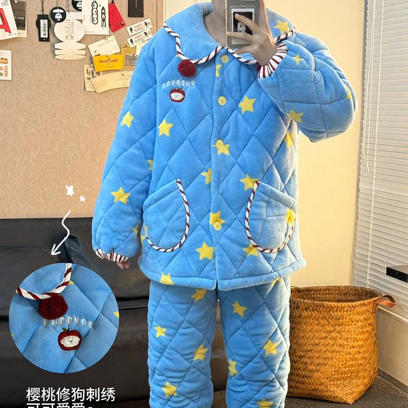 侘町2024新款笨笨大象睡衣女秋冬加绒加厚三层夹棉家居服套装冬季