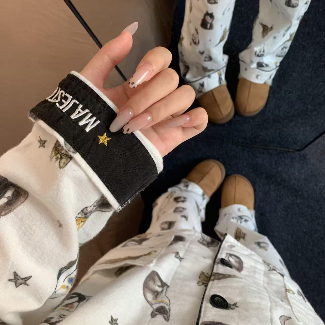 侘町2025年新款卡通白色五星狗磨毛长袖睡衣少女可外穿春秋家居服