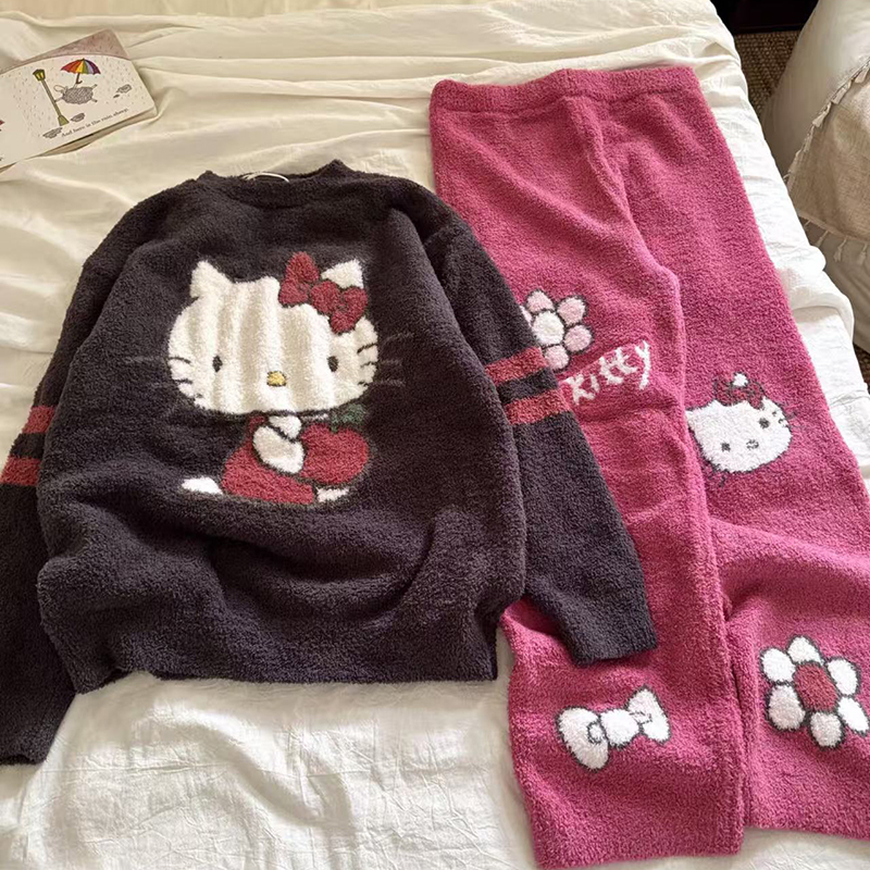 侘町2025新款秋冬季苹果Kitty睡衣半边绒套头保暖加绒家居服套装