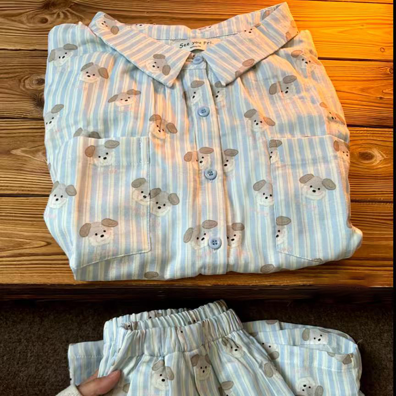 侘町2025新款baby蓝线条狗狗纯棉短袖睡衣女夏款可外穿家居服夏季