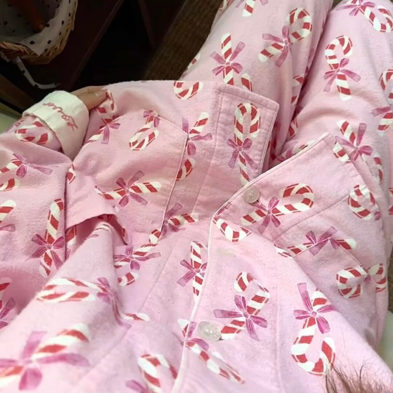 侘町睡衣少女2025年新款卡通圣诞拐杖糖纯棉长袖可外穿春秋家居服
