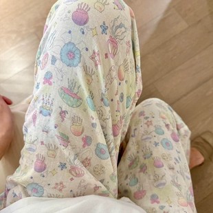 侘町2025新款海底世界全棉全棉双层纱睡裤宽松可爱卡通裤子有口袋