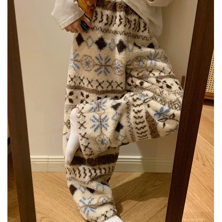 侘町2025年新款冰川雪人加厚米粒绒宽松保暖睡裤冬季复古阔腿棉裤