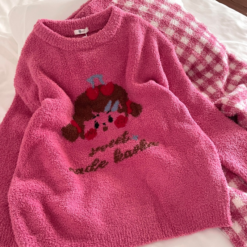 侘町樱桃玫粉格子2025年新款冬季半边绒长袖睡衣女加绒家居服套装