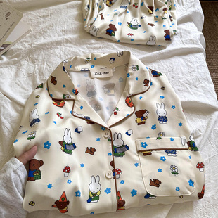 侘町2025年夏季卡通新款花花米菲兔冰丝短袖短裤睡衣女家居服套装